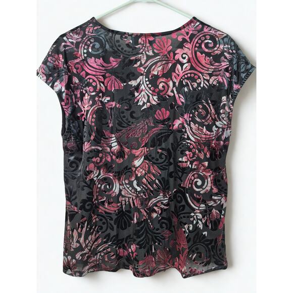 CeCe Womens Top Size M Black Sheer Velvet Burnout Pink Silver Witchy Holiday - Picture 2 of 6